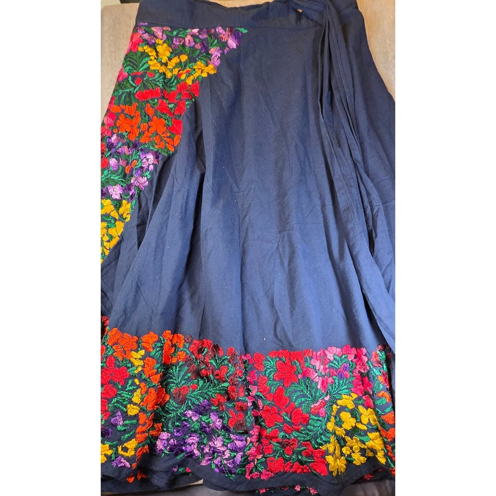Handmade Mexican Floral Embroidered Wrap Skirt Navy Blue Boho Folk Art Maxi - Picture 3 of 6